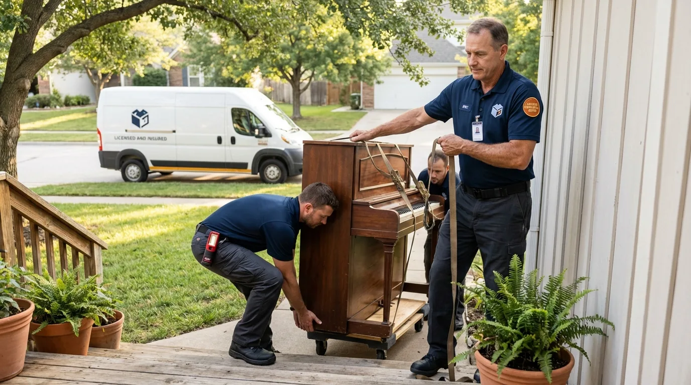 Licensed piano movers securing grand piano in Hinton, OK