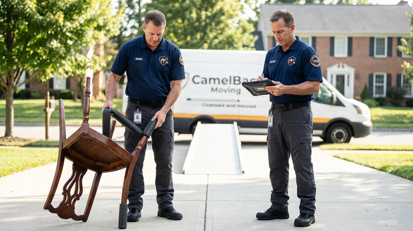 Movers inspecting furniture for damage prevention before loading in Hinton, OK