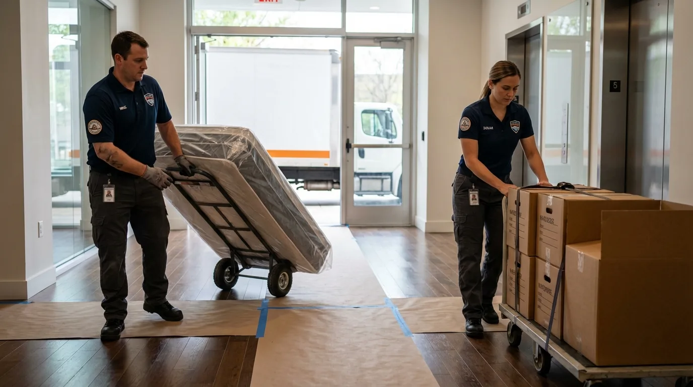 Professional apartment movers loading elevator in Hinton, OK